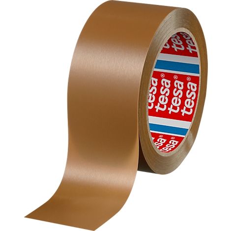 A roll of brown adhesive tape from the brand Tesa, with a red logo. The tape is unrolling.