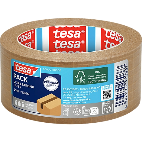Eine braune Tesa Papier-Packbandrolle auf weißem Grund mit blauem Label und technischen Informationen.