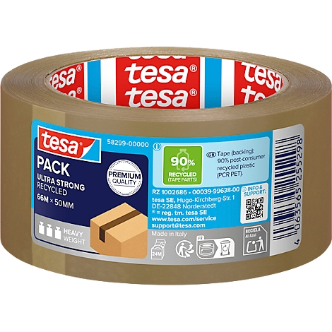 Tesafilm-Rolle mit Aufdrucken und Labeln. Braunes Klebeband für Verpackungen, 90 % recyceltes Material.