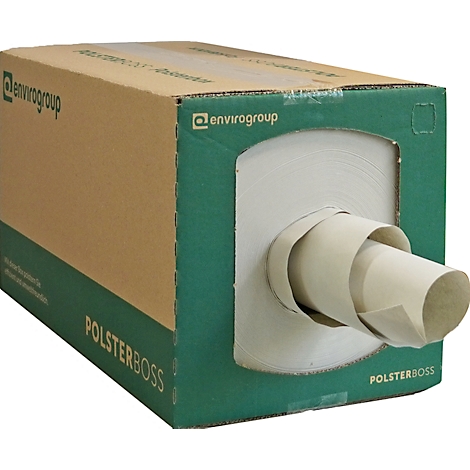 Cardboard box with paper rolls, brand name 'Polsterboss'.