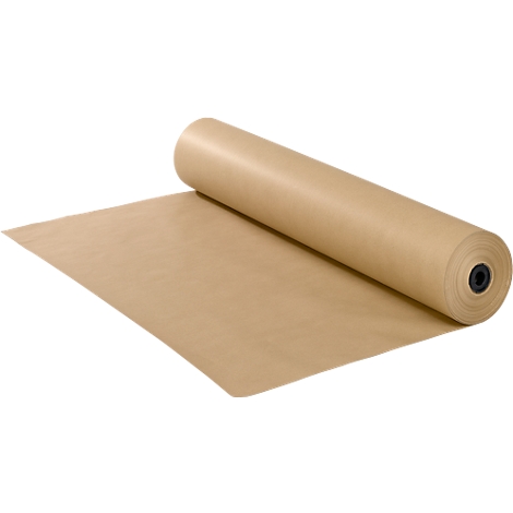 A roll of packing paper, partially unrolled. The paper is brown and lies on a light surface.