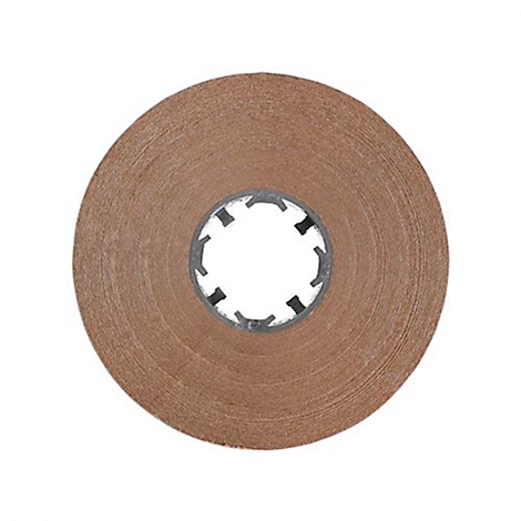 Roll of brown tape, view from above. The core is light grey with serrated edges.