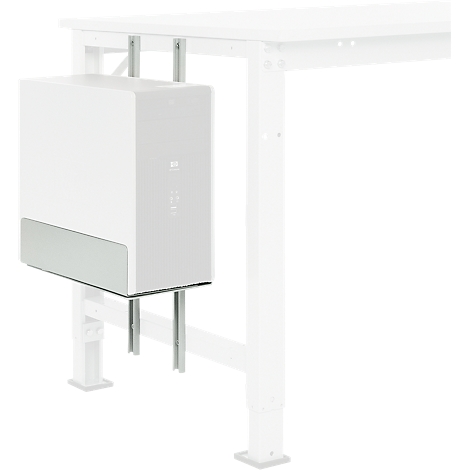 A white computer hangs under a white desk attached by brackets. There is a silver colored strip on the front.