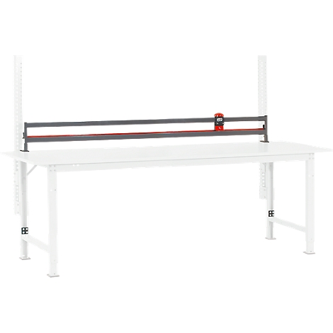 White workbench with gray, red cutting device. Two white supports hold the device.