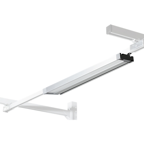 A white, elongated light on a white, angled frame with a black mounting element.