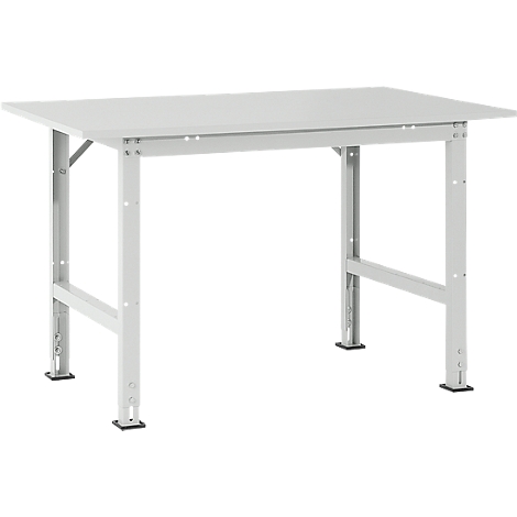 White rectangular work table with metal frame and four legs. The surface is light gray.