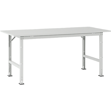 A white rectangular table against a white background. The metal legs have black rubber feet.