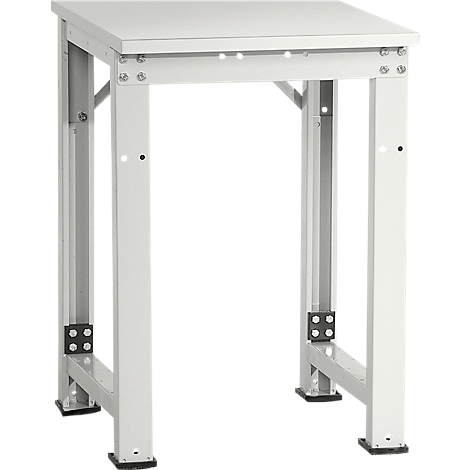 White workbench table with square worktop and metal legs. Angular joints.