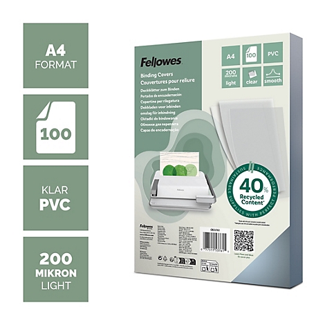 Emballage de produit de couvertures de reliure A4 Fellowes en PVC transparent, 200 microns, 100 feuilles.