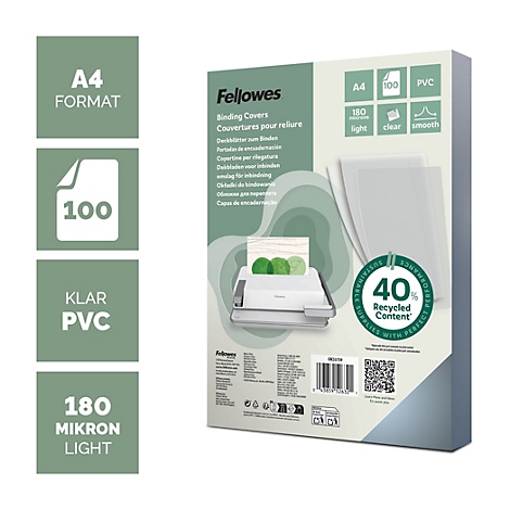 Paquet de 100 couvertures de reliure transparentes A4 Fellowes en PVC, 180 microns.