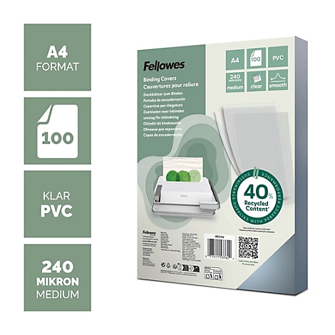 Paquet de 100 couvertures de reliure transparentes Fellowes A4 en PVC, 240 microns, respectueuses de l'environnement, 40 % recyclées.