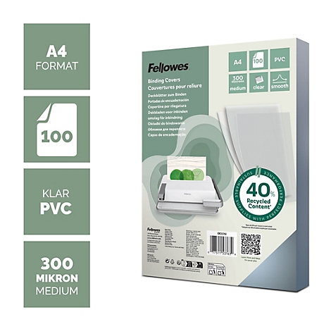 Couvertures de reliure Fellowes A4 en PVC transparent, 300 microns, paquet de 100 avec 40 pour cent de contenu recyclé.