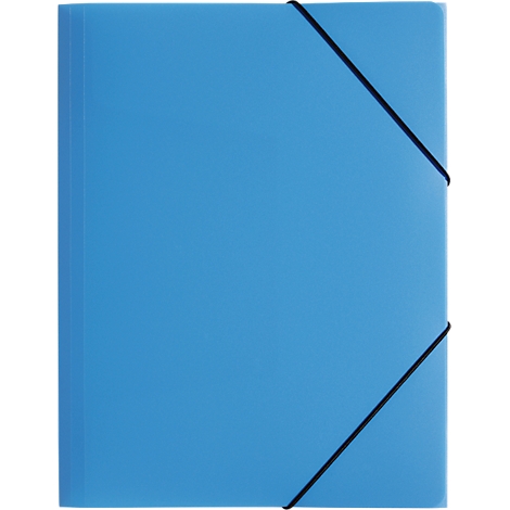 Blue document folder with black elastic band. The band crosses the folder diagonally.