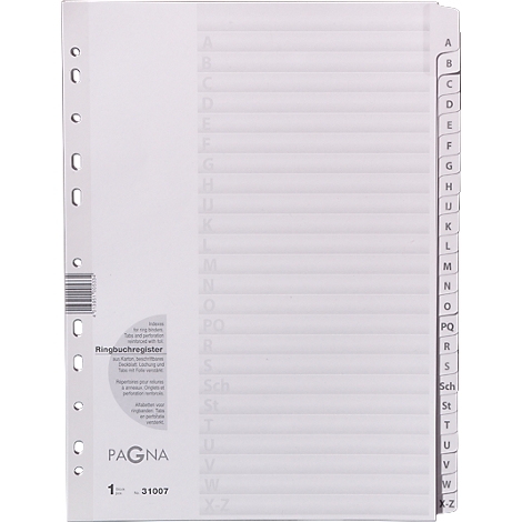 Ring binder register with alphabetical dividers. Marks from A to Z. Brand PAGNA, product number 31007.