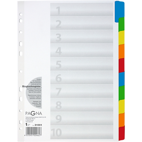 Ring binder register with colorful tabs. Printed 1-10. Brand PAGNA. Left side with holes.