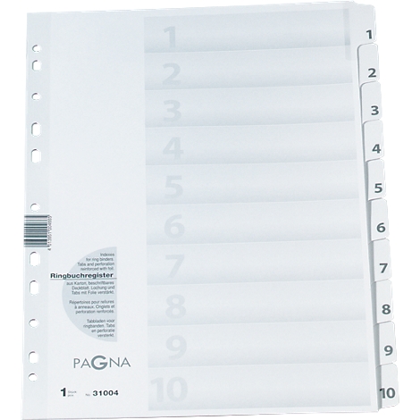 Ring binder register with ten numbered white dividers. Printed: PAGNA, 1-10.