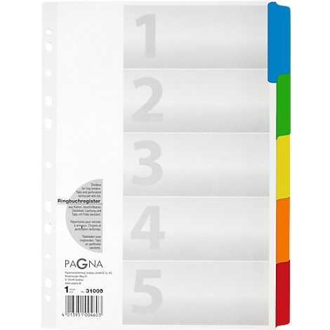 Ring binder index with colored tabs and numbers 1-5. The transparent index has holes for attachment.