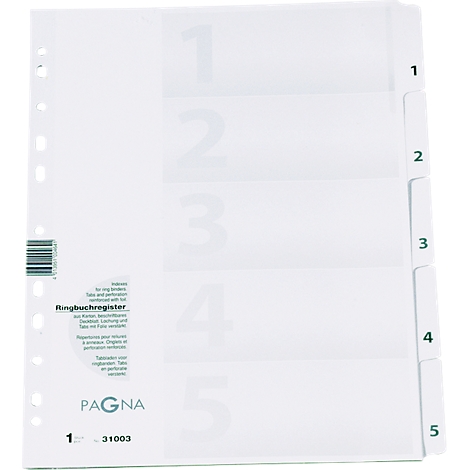 Ring binder register with five dividers, marked with green numbers.