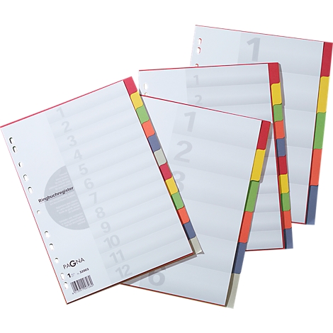 Multicoloured index sheets with numbers. The sheets have a red border and coloured tabs.