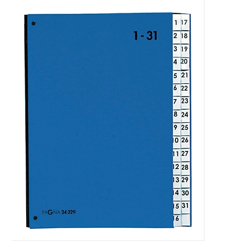Blue index card box with "1-31" and numbers from 1-31 visible.