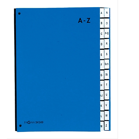 Blue index card box with alphabetical dividers. Inscription A-Z and PAGNA 24249.