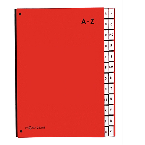 Red index book with A-Z labeling and page dividers. The book says PAGNA 24249.