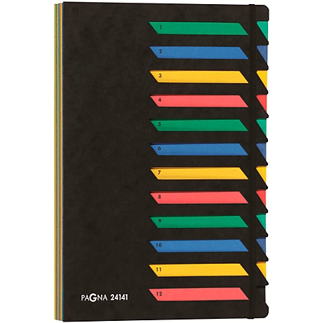 Black notebook with colorful tabs and PAGNA 24141 print.