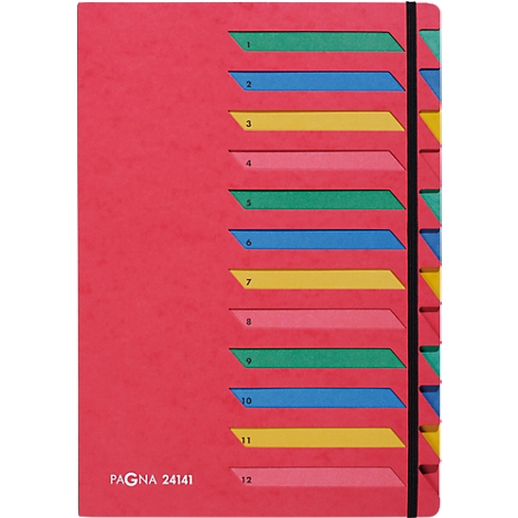 Red notebook with colored tabs and elastic band showing numbers 1 to 12.