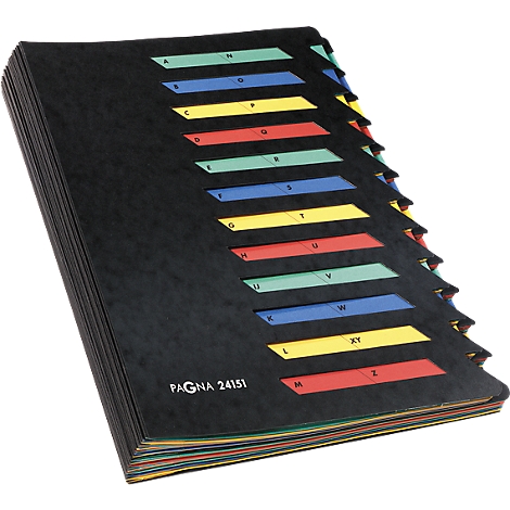 Black index binder with colored tabs with letters from A to Z. The front says "PAGNA 24151".