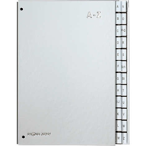 Silver A-Z card file with register. On the cover is A-Z, on the edge the letters. PAGNA 20209 is at the bottom.