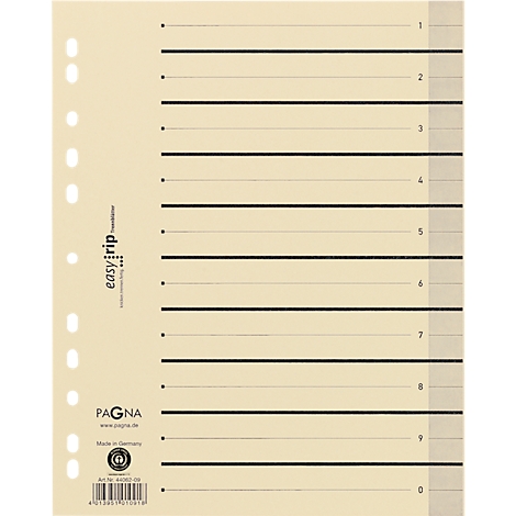 Beige ring binder index card with black lines and numbers. Logos of 'easyrip' and 'PAGNA' are visible.