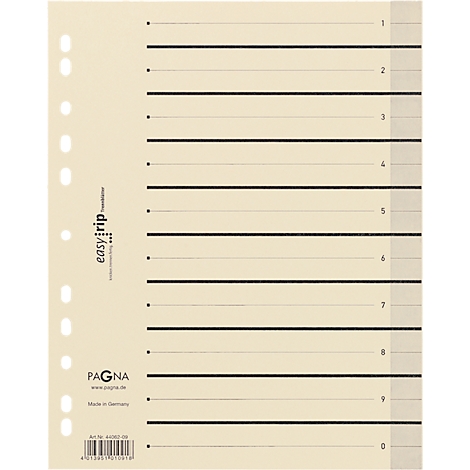 Ivory paper with black lines, resembling a file divider. It has holes on the left and is numbered.