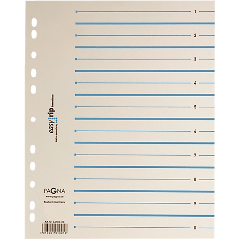 Lined paper with blue lines and labels, perforated. Printed text: easyrip, PAGNA. Made in Germany.