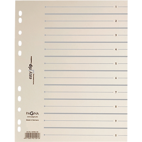 Lined yellowish paper with hole punching. Gray lines with numbers for orientation. Printed brand name and barcode.