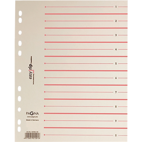 Lined and perforated paper for a folder. Red lines, numbers from 1 to 9, and markings for the perforation on the edge.