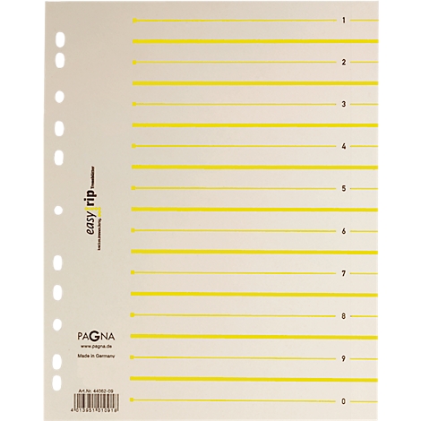 Cream-colored sheet with yellow horizontal lines. Printed numbers from 1 to 9, as well as the 'easy rip' logo.
