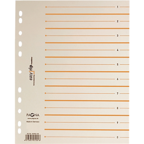 Beige vel met voorgedrukte lijnen. Cijfers van 1 tot 9 rechts. Perforatie om in te binden linksboven. Merklogo PAGNA linksonder.