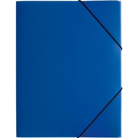 Blue folder with black elastic band to close.