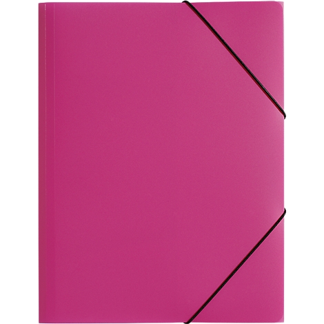 A pink file folder with a black elastic band closure. The band runs diagonally across the front.