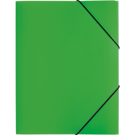 Green document folder with black elastic band.