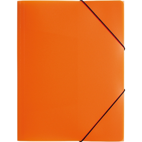 Orange document folder with black rubber band. The band runs diagonally across the folder.