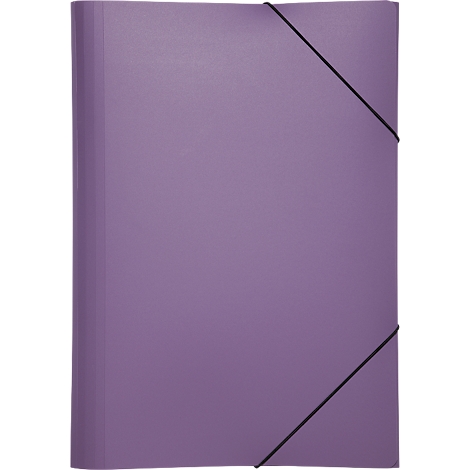 Purple file folder with black elastic band closure.
