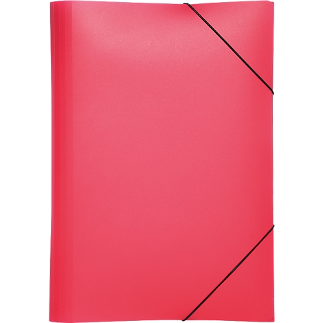 A red folder with a black rubber band holding it together.