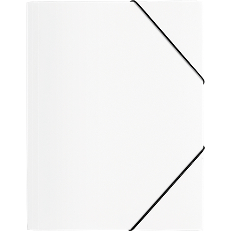 White document folder with black rubber bands. The rubber bands run diagonally across the surface.