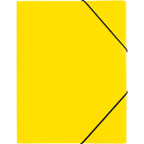 Yellow folder with black rubber band. The rubber band runs diagonally across the folder.