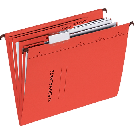 Red cardboard hanging file labeled PERSONNEL FILES. Brown holders at the top with the labels CONTRACTS, DEVELOPMENT.