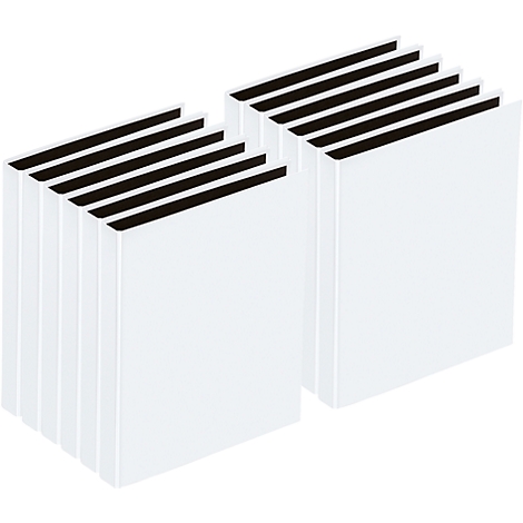 Twee stapels witte boeken, schuin geplaatst, met zwarte ruggen.