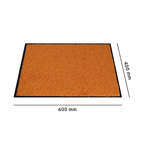 Paillasson rectangulaire orange avec bordure noire. Dimensions: 600 x 400 mm.