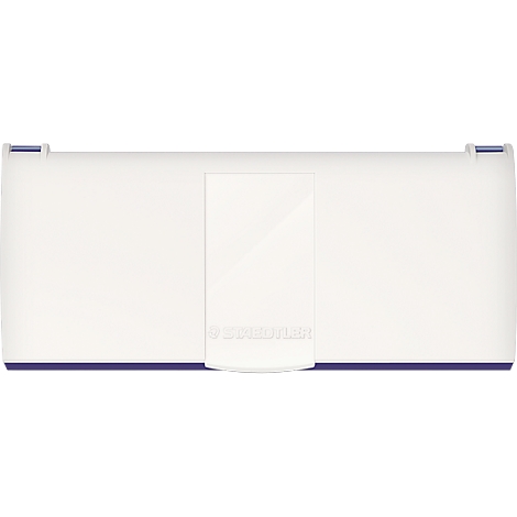 White pencil case with purple line at the bottom. A rectangle in the middle with Staedtler logo.