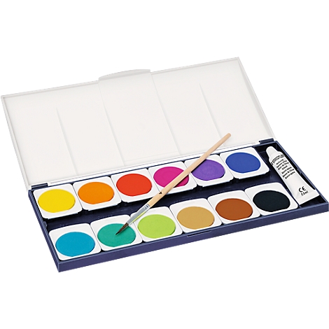 Watercolor paint set with brush and tube of color. Opened blue box with 12 paint pans in different colors.